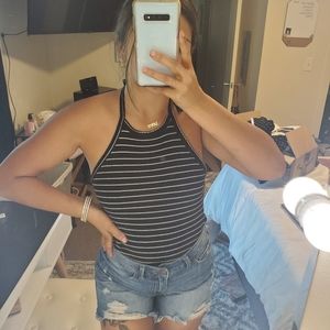 White and black stripped halter top tie